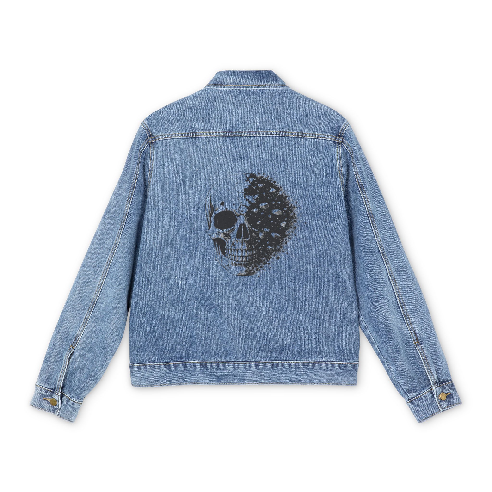 Denim Jacket — Distressed Half Skull Graphic Back Print - Image 3
