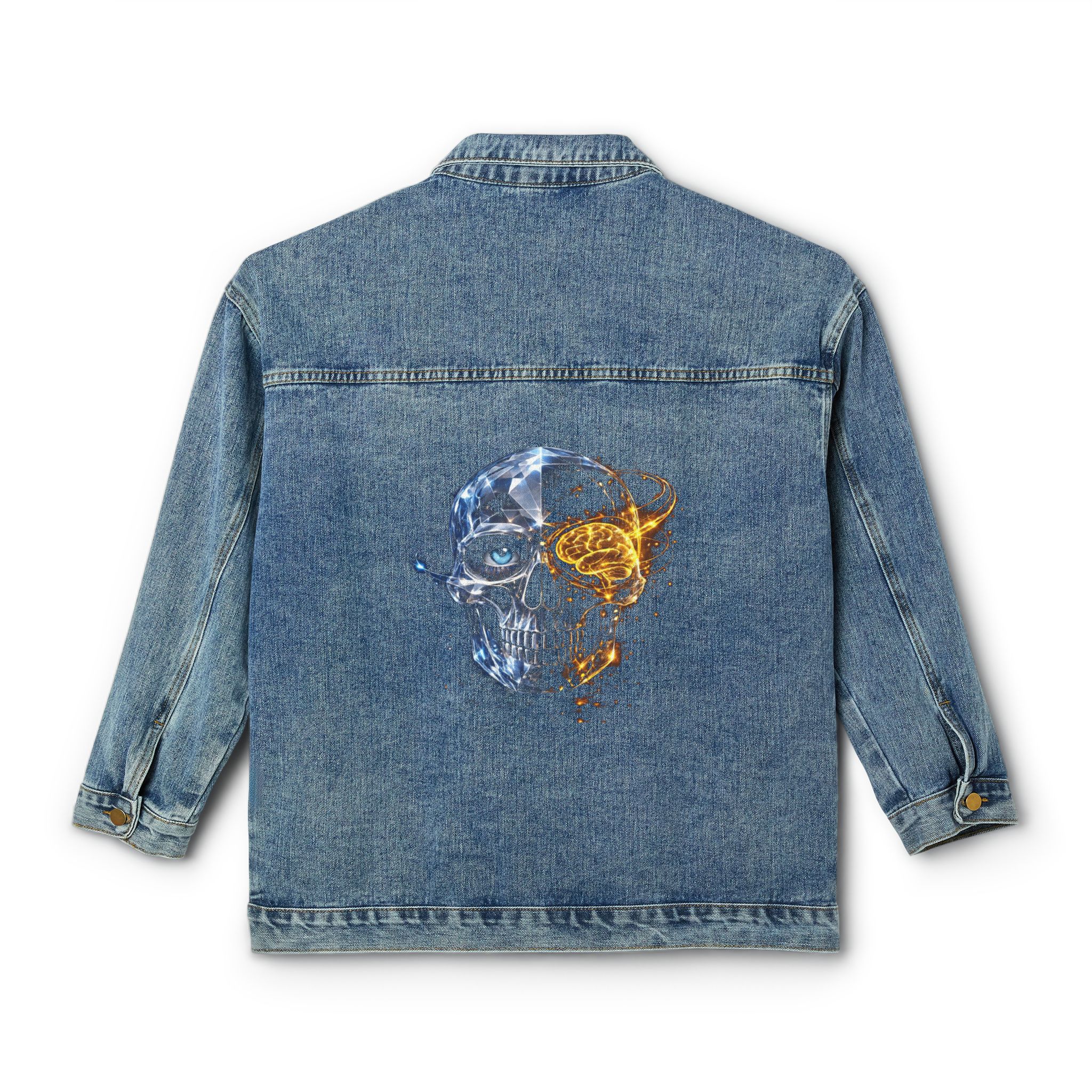 Women's Denim Jacket — Dual Flame Skull Back Graphic, Edgy Streetwear - Image 3