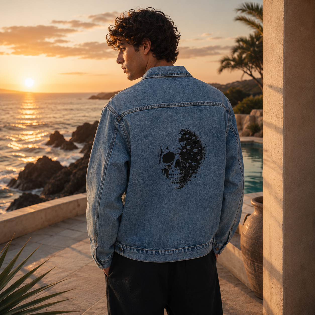 Denim Jacket — Distressed Half Skull Graphic Back Print
