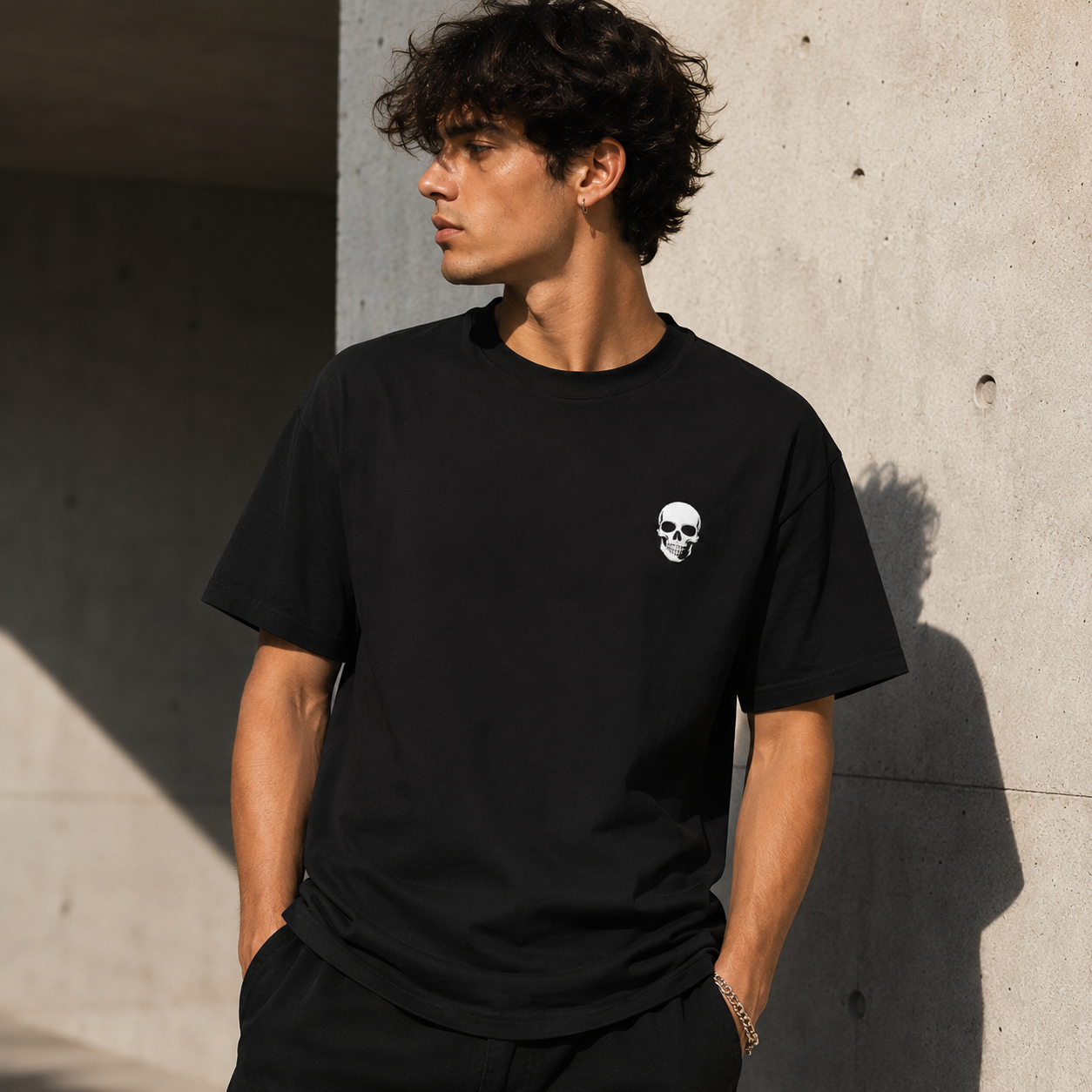 Black Minimal Skull T-Shirt — Small Chest Skull Graphic Tee