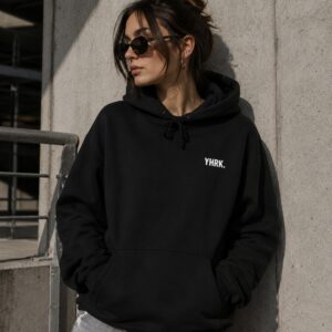 Minimal 'YHRK.' Black Hoodie – Small Chest Logo, Casual Streetwear