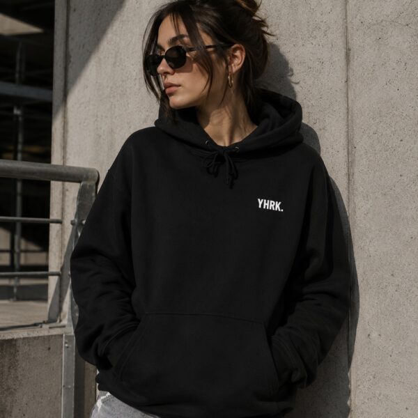 Minimal ‘YHRK.’ Black Hoodie – Small Chest Logo, Casual Streetwear