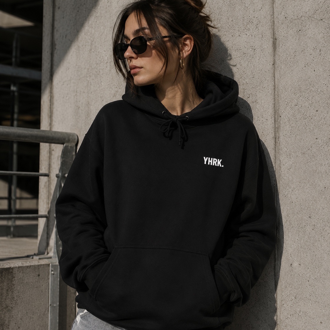Minimal 'YHRK.' Black Hoodie – Small Chest Logo, Casual Streetwear