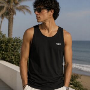 Think. Minimalist Black Tank Top — Small Chest Text Graphic