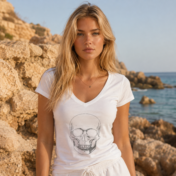 Sketched Skull Deep V-Neck Tee