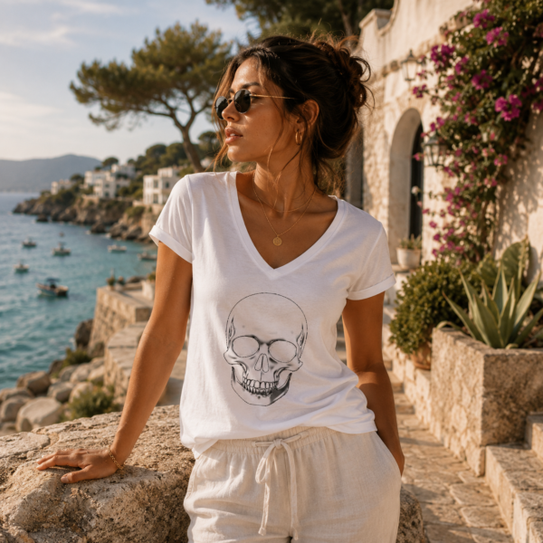 Sketched Skull Deep V-Neck Tee