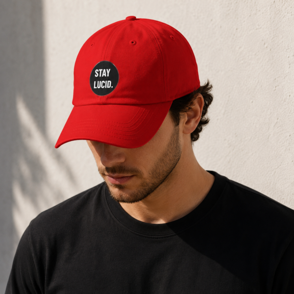 Stay Lucid Baseball Cap – Low Profile Red Hat with Retro Circle Text