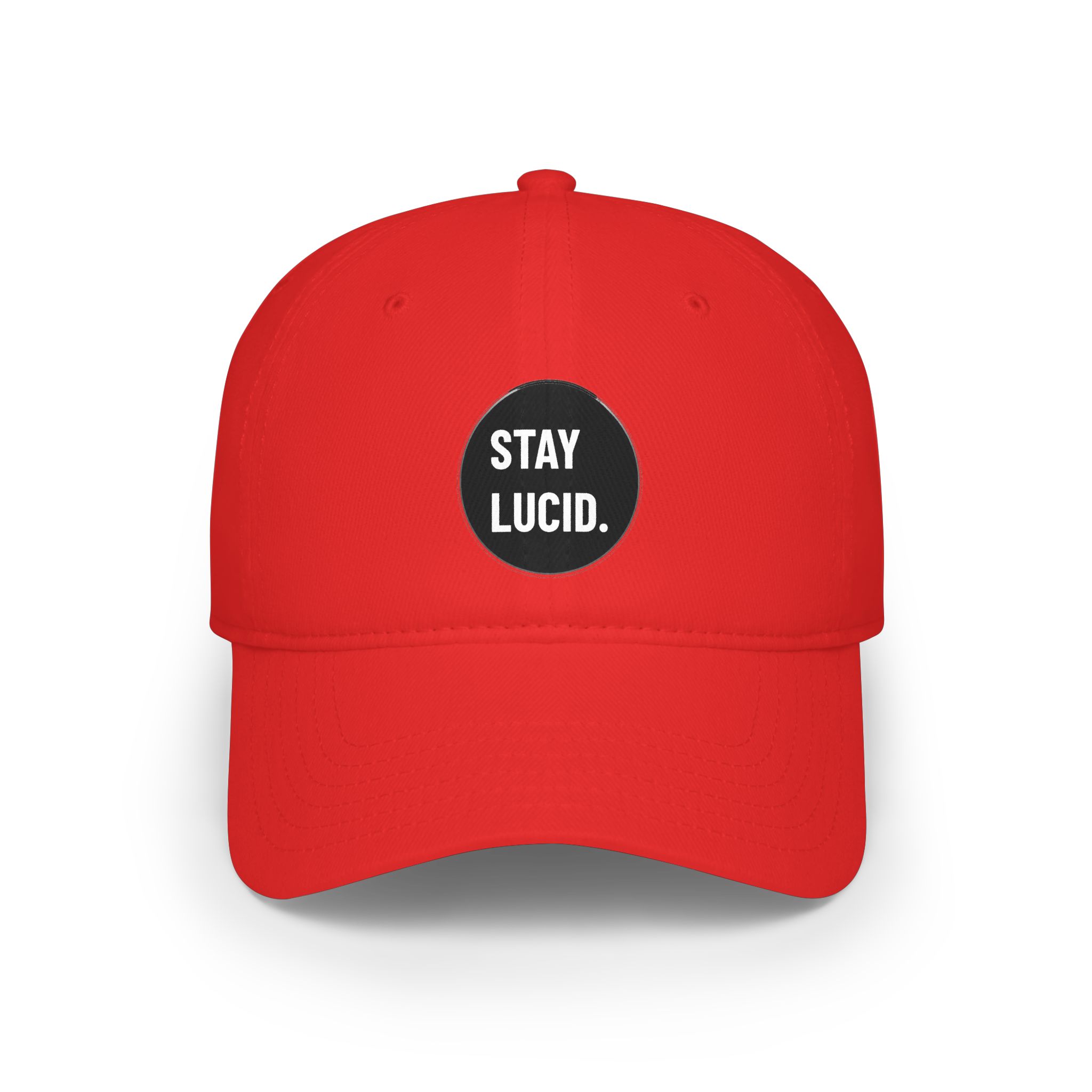 Stay Lucid Baseball Cap – Low Profile Red Hat with Retro Circle Text - Image 2
