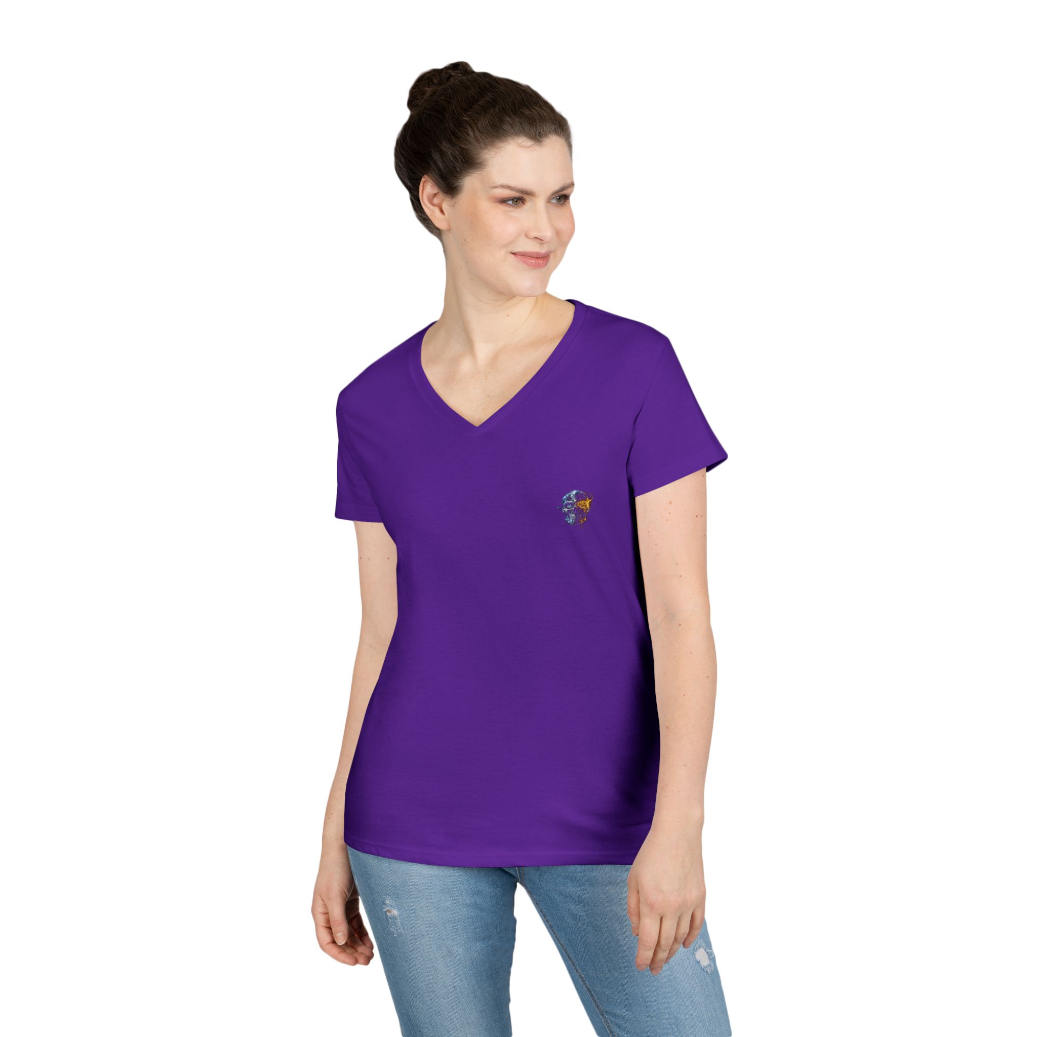 Mini Floral Skull V-Neck Tee — Women's Casual Graphic T-Shirt - Image 34