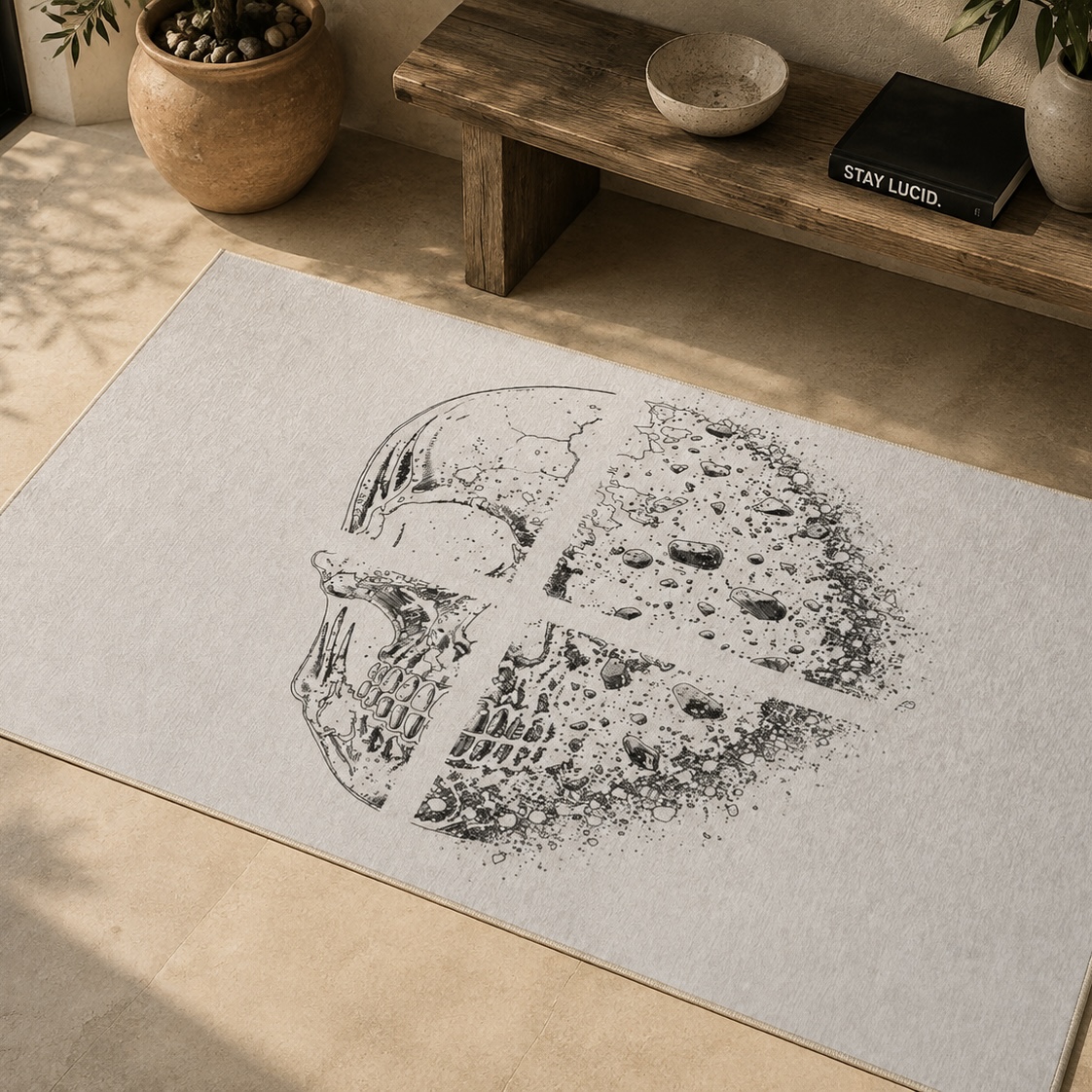 Skull & Moon Washable Rug — Minimal Black Sketch Bath Mat