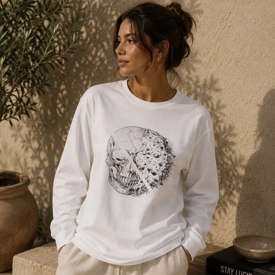 Skull Moon Long Sleeve Tee — Split Skull & Floral Moon Graphic