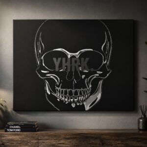 Skull Art Canvas Print — Dark Metallic Skull with YHRK Text