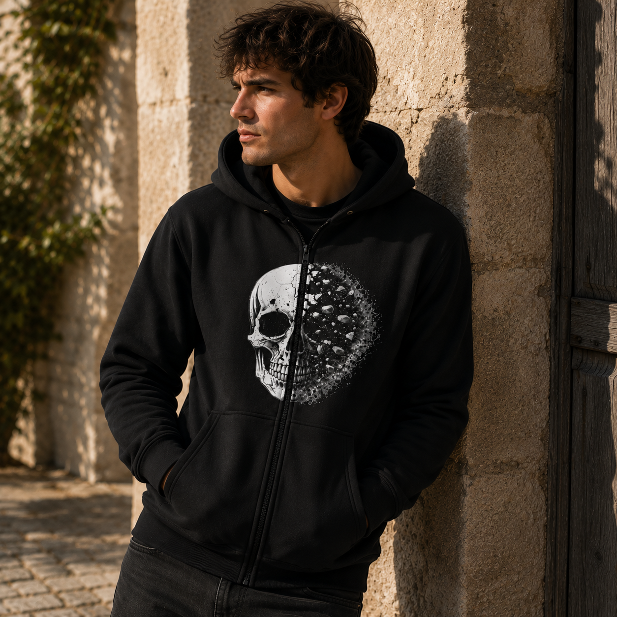 Skull Moon Zip Hoodie — Half Skull, Half Moon Gothic Zip-Up