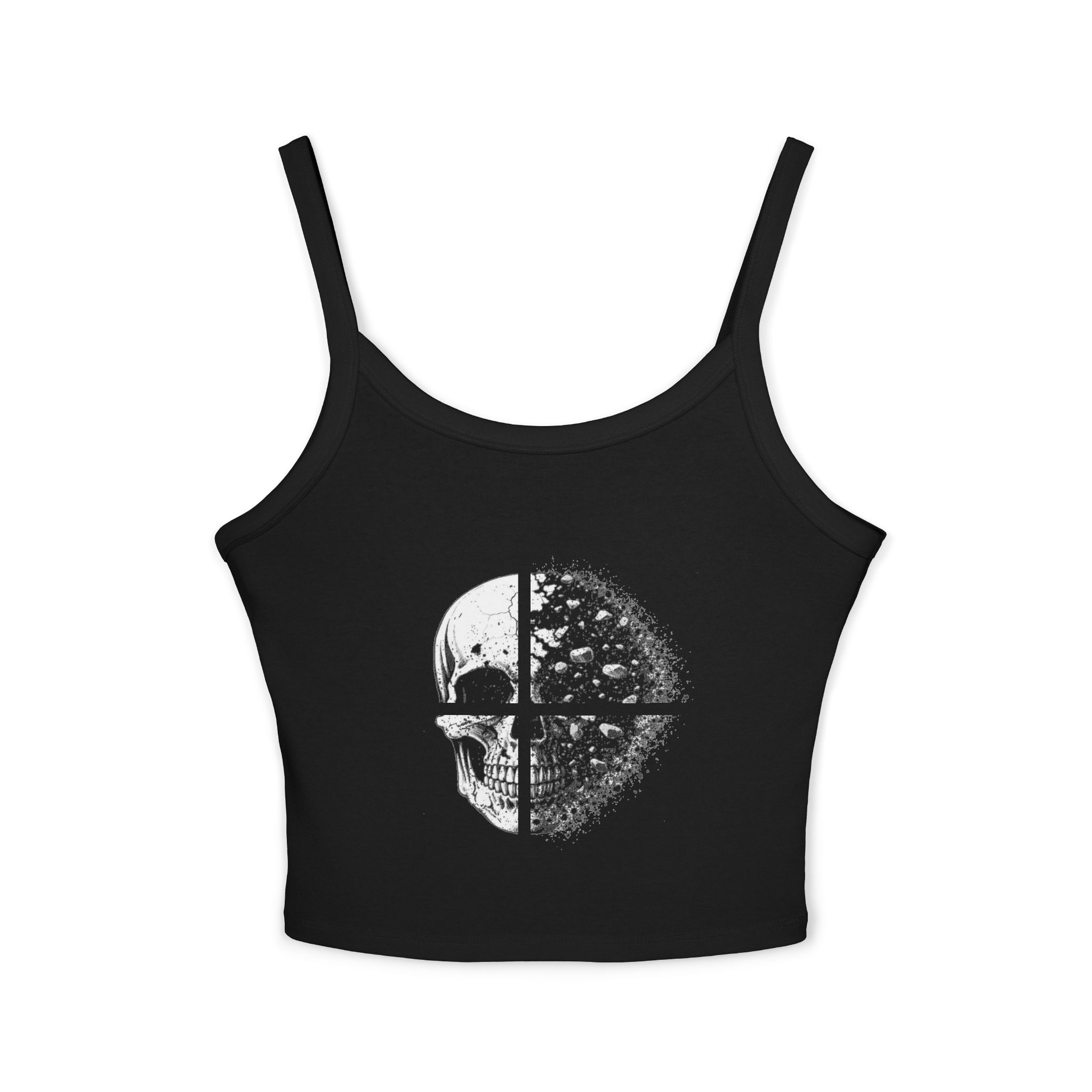 Skull Fragment Crop Tank Top — Grunge Half-Skull Graphic Women's Spaghetti Strap - Image 2